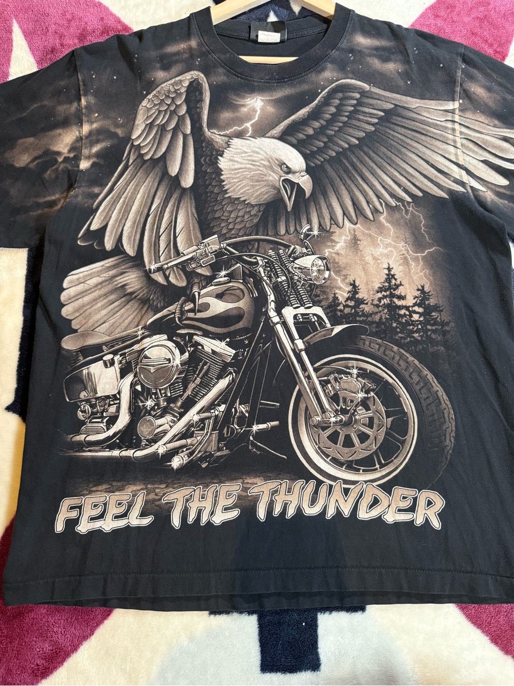 Black Graphic Eagle & Motorcycle Tee - Feel The Thunder